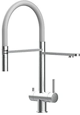 3 wege Massiv REINSTARMATUREN EDELSTAHL AISI 316 Küchenmischer für alle gaengigen Filtersysteme geeignet, mit 2strahl Handbrause und separatem Filterwasser Kanal - gebürstetes Finish (Grau)