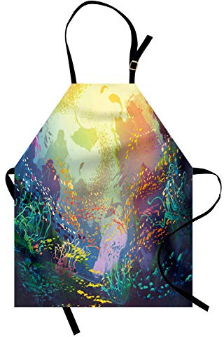 ABAKUHAUS Meerestiere Kochschürze, Coral Reef Aquarium Kunst, Unisex-Küchenlätzchen mit verstellbarem Hals für Kochen Gartenarbeit, 67 cm x 80cm, Türkis Gelb Pink