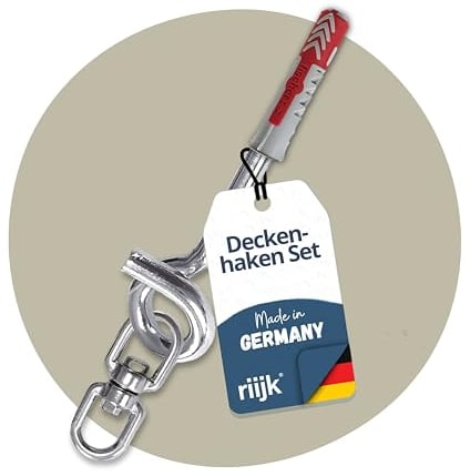 riijk Deckenhaken für Hängesessel Aufhängung als Boxsack Halterung, Schaukelhaken + Dreh-Wirbel + Dübel, Schraubhaken Betondecke, Hakenschrauben