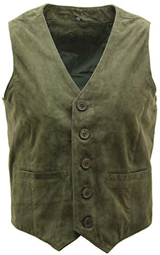 Mens Olive Suede Leather Waistcoat Classic Casual Formal Traditional Gilet Vest XL