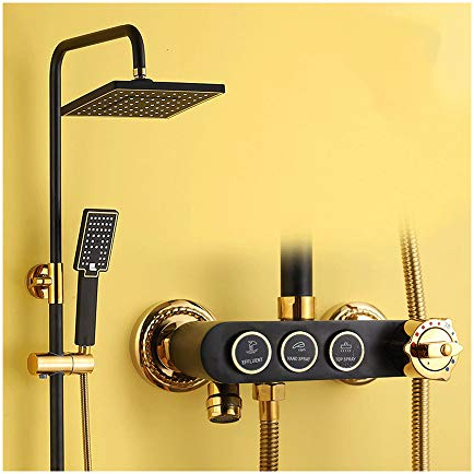 8 Zoll Thermostat Schwarz Gold Quadratisch Duschsystem Wandhalterung Regendusche Duschset 3 Funktion Brausegarnitur mit Duschkopf, Handbrause, Badewannenarmaturen