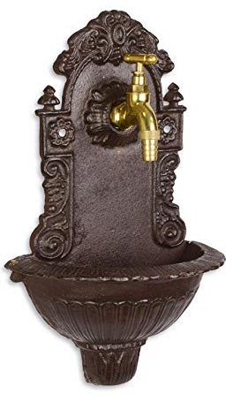 Moritz Gußeisen dekorativer antik Wandbrunnnen Waschbecken Wandbecken Braun mit Hahn Gartenbrunnen Wandmontage Wasserstelle Wasserhahn 39 x 24 cm