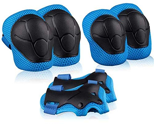 Kinder Schützer，Schutzausrüstung Set 6 in 1 Protektorenset Knieschoner Ellenbogenschützer Handgelenkschoner für Radfahren Roller Skating Inline-Skate,Blau