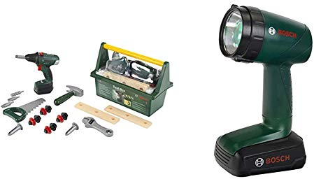 Theo Klein Bosch Werkzeug-Box I Mit Hammer, Säge, Rollgabelschlüssel und vielem mehr I 31 cm x 16,5 cm x 12,5 cm & Akku-Lampe I Batteriebetriebene Lampe um 90 Grad drehbar I 9,5 cm x 6,4 cm x 18 cm