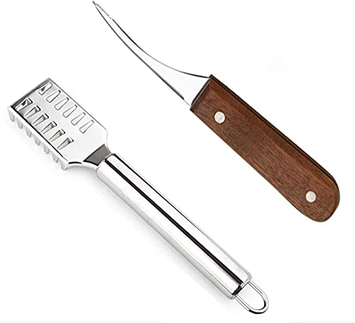 XPOOS Coltello Multifunzionale per Squame di Pesce in Acciaio Inossidabile Raschietto per Scaglie di Pesce, Coltello per Gamberetti in Acciaio Inossidabile con Manico in Legno