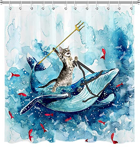 LB Funny Cat Shower Curtain Blue Whale Red Fish Shower Curtain Set Watercolor Sea Polyester Anti Mould Waterproof Bathroom Curtains with Hooks,71x71 inches