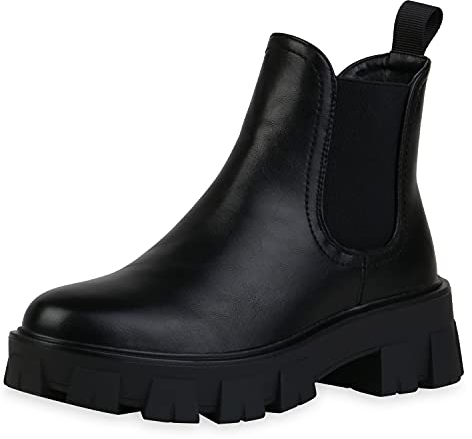 VAN HILL Damen Stiefeletten Plateau Boots Blockabsatz Profilsohle Schuhe Freizeit Booties Plateauschuhe 198962 Schwarz Total 40