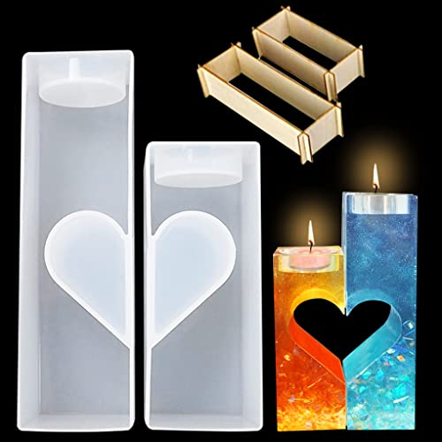 FineInno 2pcs Moules Résine Porte-Bougie Chauffe-Plat, Moules en Silicone Photophore Coeur, Resin Candle Holder Moule Epoxy Chandelier en Cristal pour Saint Valentin Cadeau (Candle Holder Molds)
