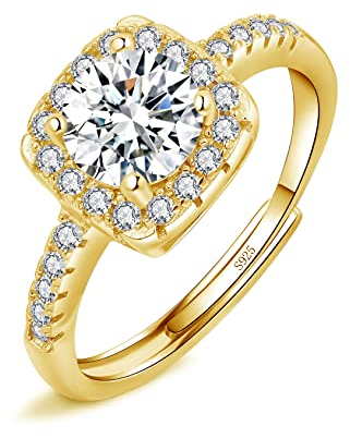 Josfeva Silver Rings for Women Ladies, Bride Wedding Engagement Ring for Love Promise, 925 Sterling Silver Adjustable Diamond Ring, Romantic Anniversary Square Gold Rings for Couples Girls Gifts