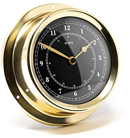 Fischer 1508U-45.6 - maritime Quarz-Uhr - 125mm Messgerät mit schwarzem Ziffernblatt und Messing-Gehäuse Made in Germany