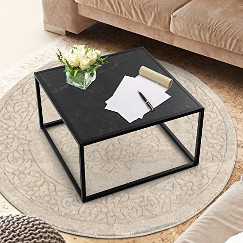 GOPLUS Table Basse Faux Marbre,Table Basse Salon Rectangulaire, Panneau de Particules,Moderne Simple Charge 45KG,70x70x40CM(Noir)