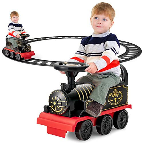 COSTWAY Kids Electric Ride on Train with Tracks, Storage Seat, Flashing Lights & Music, 6V Battery Powered Ride on Toy Car for Children Toddler Gifts (Black)