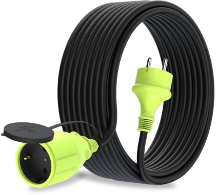 MutecPower 15m Cable alargador de Corriente con Enchufe Schuko para Uso Exterior IP44 H05RR-F3G 1,5mm² alargo con Toma Protección Infantil Cable de Goma para Exterior 15 Metros Negro/Verde