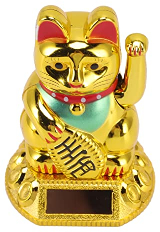 ASHATA Winkende Katze, Niedliche Chinesische Glückliche Katze, Dekoration, Winkender Arm, Automatisch Winkende Hand, Solarlicht, Induktionsstatue, Figurine für Zuhause (Golden)