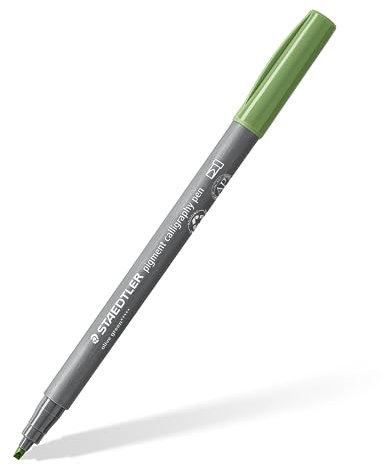 STAEDTLER Kalligraphie Fasermaler pigment Arts, olivgrün, 2,00 mm Kalligraphiespitze, pigmentierte Premium-Zeichentusche, wasserfest, 10 olivgrüne Handlettering Filzstifte im Kartonetui, 375-57