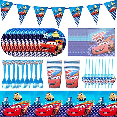 Racing Car Party Supplies for Boys, 62pcs Kit With Tableware, Cars Bunting Garland, Reusable Plates, Napkins, Cups for Birthday Celebration