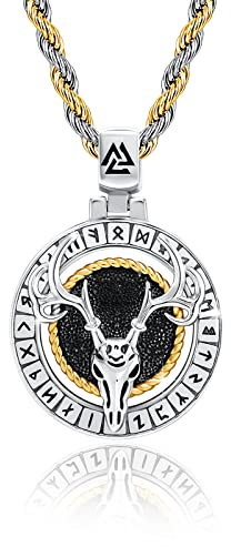 YueYuan Wikinger Hirschschädel-Halskette 925 Sterling Silber Hirschgeweih Talisman Anhänger Hirschskelett Tier Amulett für Männer - Valknut Schmuck für Geschenke