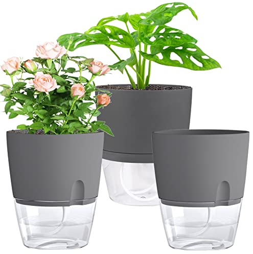 Xingsky Vaso Autoirrigante Piccolo, Vasi Autoirriganti da Esterno Vaso Autoirrigante Diametro 15.3cm Alto 18.2cm Vaso con Sistema di Auto Erbe Aromatiche Interni Piante Domestiche, Fiori, Erbe Grigio