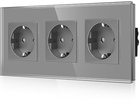 CNBINGO Glas Dreifachsteckdose Unterputz in Grau - Dreifach Schuko Steckdose mit Kindersicherung - 16 Amp Schutzkontakt Wandsteckdose mit Glasrahmen