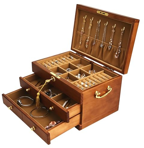 EURIELK Schmuckkästchen aus Holz mit Schloss und Schlüssel für Damen, 2 Schubladen, mittelgroß, echtes Naturholz, abschließbar, antikes Mädchen-Organizer-Boxen mit großem Stauraum, Ringfächern,