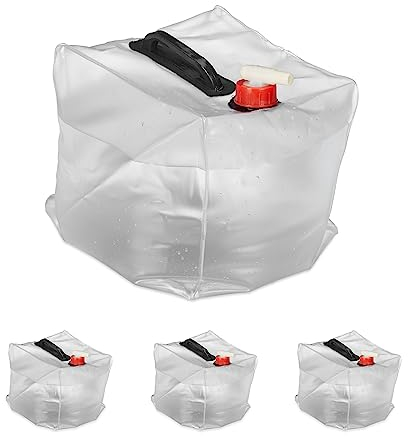 Relaxdays 4er Set faltbarer Wasserkanister 10 L Pack 4 Bidones Plegables, Garrafas Agua, Grifo, Depósitos para Camping, con Asa, sin BPA, Transparente