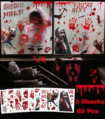 Octonyluck Halloween dekoration Haunt Fenster Bilder, 65Pcs Blutige Handabdrücke Halloween Blutige Aufkleber, Horror Halloween Deko Fensterbilder für Halloween Deko Scary Party Deko