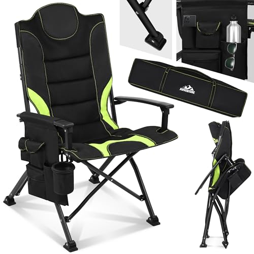 Onbest Campingstuhl faltbar, Hochlehner bequem gepolstert mit viel Stauraum, Getränkehalter, 2 Armlehnen, bis 150 kg belastbar, Klappstuhl kompakt & leicht mit Tasche, Camping Stuhl (Schwarz/Grün)