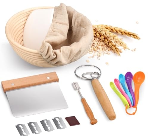 Jeensley Boxed Sourdough Starter Kit Bread Proofing Basket with Leaflet Round Banneton with Liner and Bread Making Tools Handmade from Quality Natural Indonesian Rattan Bread Making Accessories