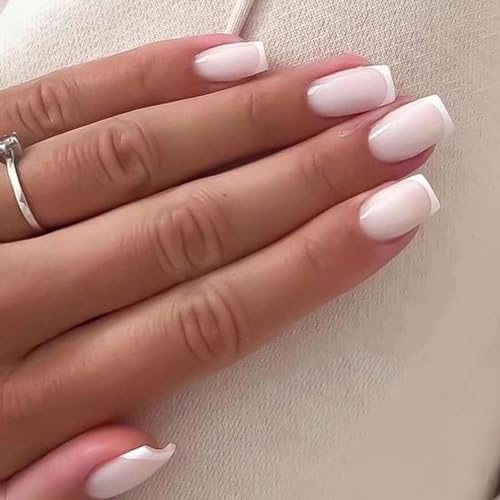 24 Pièces Français Faux Ongles Court Carré, Blanc Press on Nails Ballerine Naturel Ongles à Coller, Acrylique Pleine Couverture Square Faux Ongles Autocollants pour Femmes et Filles, 12 Tailles