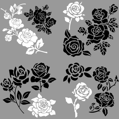 GORGECRAFT 4 Packung Rosen-Autoaufkleber Schwarz-Weiß Autofensteraufkleber Rosenblumen-Autoaufkleber Wasserfest Selbstklebende Aufkleber Auto Laptop Fenster Stoßstangenaufkleber Für SUV LKW Motorrad
