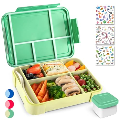 PUWOWYE Brotdose Kinder mit Fächern, Bento Box Kinder, 1330 ml Auslaufsicher Lunchbox Kinder, Brotbox für Mädchen & Jungen, geeignet für Schule, Kindergarten & Ausflüge BPA frei (Grün)
