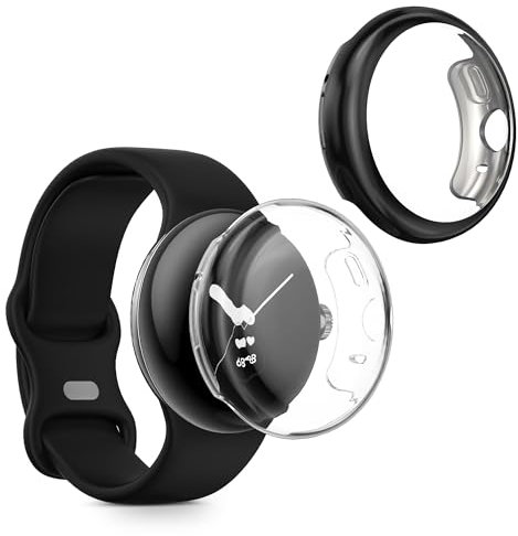 kwmobile 2X Schutzhülle kompatibel mit Google Pixel Watch 2 / Pixel Watch 1 Hülle - Fullbody Cover Set aus Silikon - Transparent Schwarz
