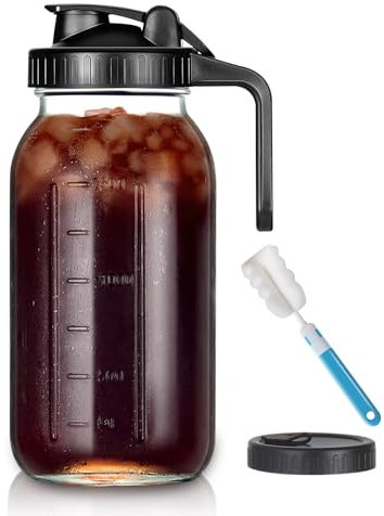 YEBODA 64oz Glass Pitcher with Lid, 2 Quart Mason Jar Pitcher with Pour Spout Lids, Wide Mouth Jar Leakproof Glass Jug, Heavy Duty Container for Water, Juice, Milk, Tea, Iced Coffee, and Drinks -Black
