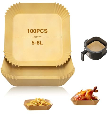 Papel de horno para freidora de aire caliente de 20 cm, 100 unidades, cuadrado, desechable, papel de horno, freidora de aire caliente, papel antiadherente, resistente al agua, resistente al aceite,
