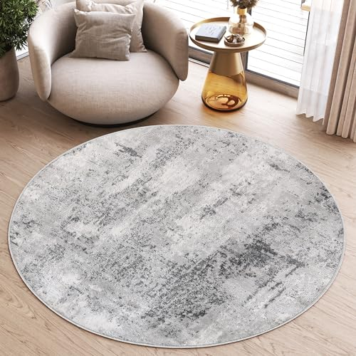 TAPISO Sky Rund Teppich Kurzflor Modern Beige Grau Hellgrau Vintage Meliert Verwischt Design Wohnzimmer Schlafzimmer 3D Optik ÖKOTEX 120 x 120 cm