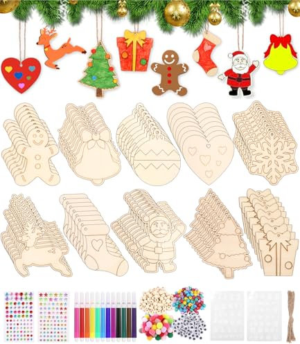 Yulado Weihnachtsbaum Anhänger Holz,466PCS Holzanhänger zum Bemalen Weihnachten,Holz Basteln Kinder Weihnachten mit Juteseil & Marker,Christbaumschmuck zum Bemalen, DIY Weihnachtsbaum Deko Holz.