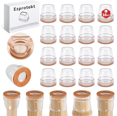 Ezprotekt Chair Leg Covers, 16 PCS 1.25 Transparent Silicone Chair Leg Floor Protectors with Wrapped Felt, Rubber Chair Leg Caps, Furniture Feet Protectors Pads, No Noise No Scratches