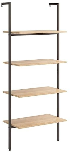 SDWEHO7 Leiterregal 4-stufiges Wandlehnregal Standregal mit Ablagen, schräg, lehnt an der Wand, Bücherregal, Wandregal für Arbeitszimmer und Wohnzimmer, Hellbraun und Schwarz 64x35x152,5 cm