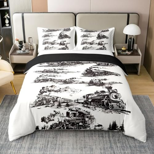 Zug Eisenbahn 100% Baumwolle Bettbezug 135x200,Hand Gezeichnete Einfache Tröster Abdeckung,Dampfmaschine Bettwäsche Set,Retro Schwarz Weiß Bettbezug für Kinder Teens Schlafzimmer Dekor