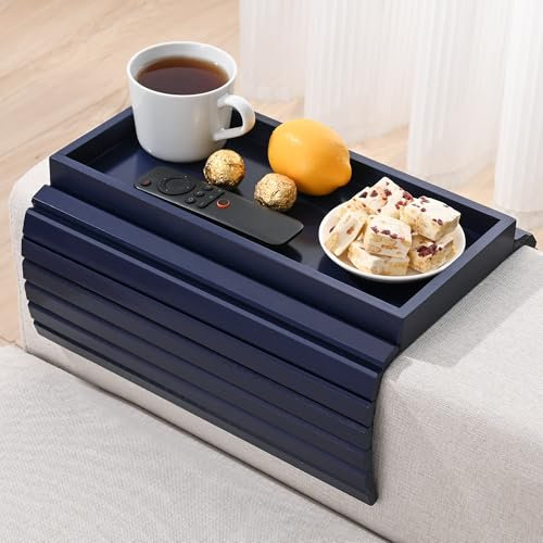 YUBAMIN Bamboo Sofa Arm Tray, Anti-Dropping Couch Arm Tray, Foldable Sofa Armrest Tray Couch Arm Table for Eats, Drinks, Snacks, Remote, Cellphone, Cup Holder, Back Anti-Slip Pad Design