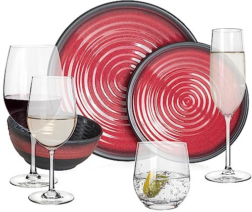 Melamin Camping Geschirr Set 4 Personen Stone Red + 16 Tiamo Gläser Wassergläser Weingläser Champagner-Gläser Flûtes Tafelgeschirr Picknick BBQ Kochgeschirr