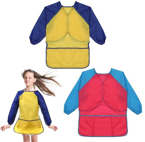 Giantree Malschürze Kinder, 2 Stück Wasserdicht Malerkittel mit Ärmel und 2 Großer Tasche Malkittel Schule für Malen Kochen Basteln Essen für Alter 5–8 Jahre (rosenrot+blau)