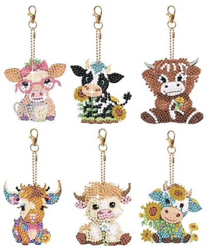 LFSX0828 6er Set DIY Diamant Malerei Schlüsselanhänger - Doppelseitige 5D Diamond Painting Keychains, Voll besetzt mit funkelnden Steinen, Deko für Handtasche & Rucksack (Kuh)