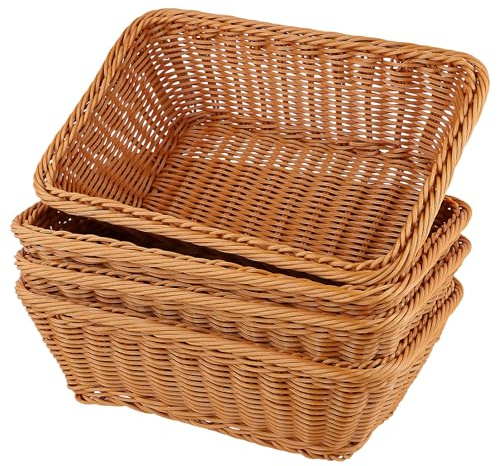 FUNSUEI 4 Stück 30 x 20 x 10 cm Brotkorb Kunststoff, Brotkörbchen Plastik Rechteckig, Rattan Korb Brot für Brot, Obst, Küche, Braun