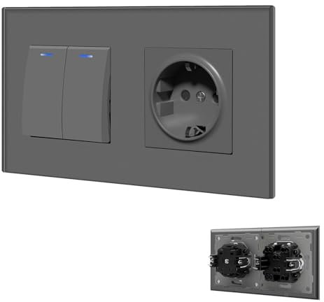 BSEED Interruptor de Cristal 2 Gang 1 Vía + Enchufe Schuko, Interruptor Pulsador Empotrable con Indicador Luminoso LED, Interruptor de Pared para Salón, Oficina, Cocina -Gris