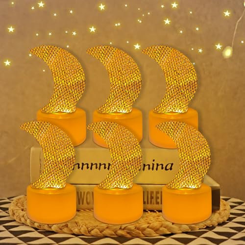 Hekasvm 6 Stück LED Teelichter Kerzen Metall, Teelicht Kerzenhalter Weihnachten mit Batterie, Flammenlose Elektrische Kerzenlampe, Weihnachten Deko Nachtlicht, Weihnachtskerzen für Tischdeko (Mond)