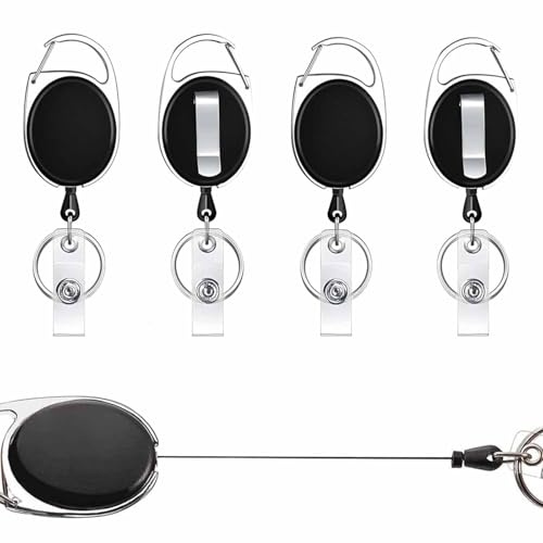 4pcs Retractable Key Ring, Retractable Badge Reel, Retractable Lanyard, Carabiner and Belt Clip for ID Badge Holder, Card Holder, Key Card, Black