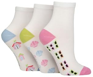 SockShop Women's Bamboo Ankle Socks - Plain, Patterned, Striped, Floral, Colourful, Bright, Smooth Toe Seams 3 Pairs Size 4-8 (UK, Numeric, 4, 8, Regular, Regular, Patterned White/Ocean View)