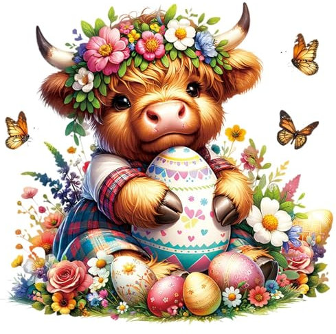 Highland Cow Wall Stickers, Easter Theme Cow Decals, Cute & Colorful Egg Decor, Waterproof & Oil-Proof PVC, Ideal for Laptops, Notebooks, Mobile Phones, 39,1 x 39,1 cm