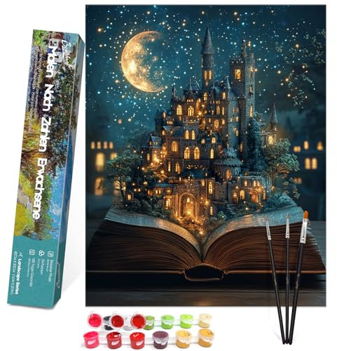 Bougimal Peinture par Numéros Paysage adultes avec pinceaux et peinture acrylique - 40 x 50 cm, Sans Cadre, Château dans le livre